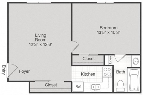 Floor plan for 1 bed, 1 bath, 600 sqft
